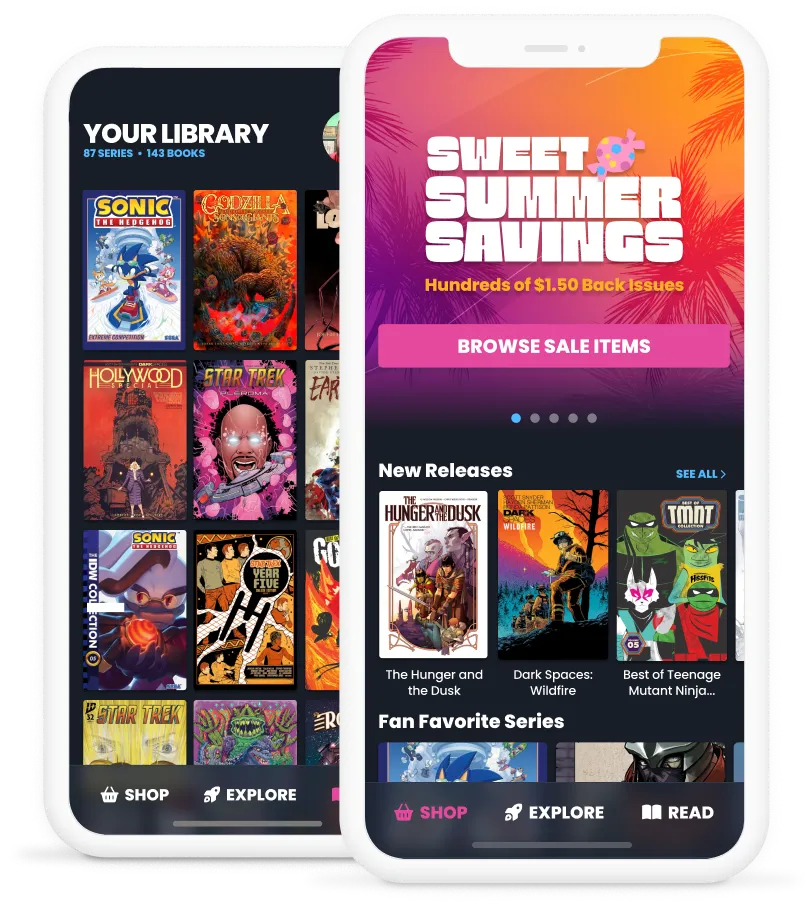 A collection of devices showing the interface for a digital comic store app