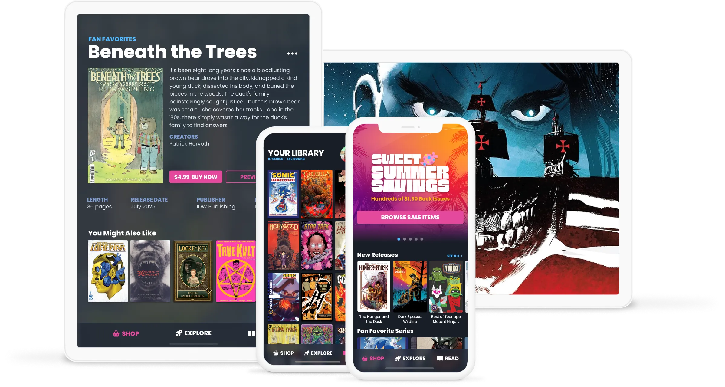 A collection of devices showing the interface for a digital comic store app